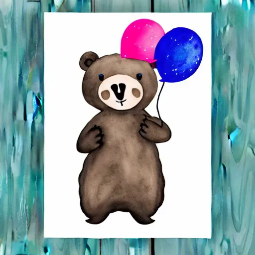 Prompt: watercolor animated bear holding birthday balloons