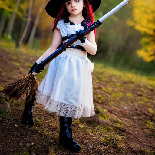 Image similar to young witch with magic wand and broom cosplay, she wears boots, photo taken by nikon, 4k, high quality, very detailed, intricant