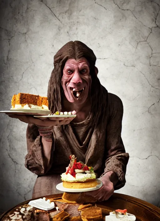 Image similar to closeup portrait of a medieval goblin eating cakes in the cloisters, depth of field, zeiss lens, detailed, symmetrical, centered, fashion photoshoot, by Annie Leibovitz and Steve McCurry, David Lazar, Jimmy Nelsson, Breathtaking, 8k resolution, extremely detailed, beautiful, establishing shot, artistic, hyperrealistic, beautiful face, octane render