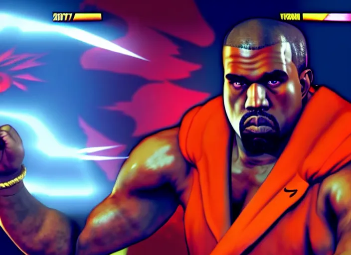 Image similar to ` kanye west in street fighter v ( 2 0 1 7 ), dynamic pose, official media, ps 4 in - game cinematic, 5 k