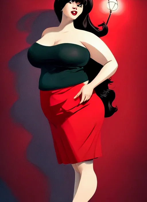 Image similar to full body portrait of teenage veronica lodge, obese, bangs, sultry, realistic, sultry smirk, wavy hair, red skirt, fat, belly, intricate, elegant, glowing lights, highly detailed, digital painting, artstation, concept art, smooth, sharp focus, illustration, art by wlop, mars ravelo and greg rutkowski