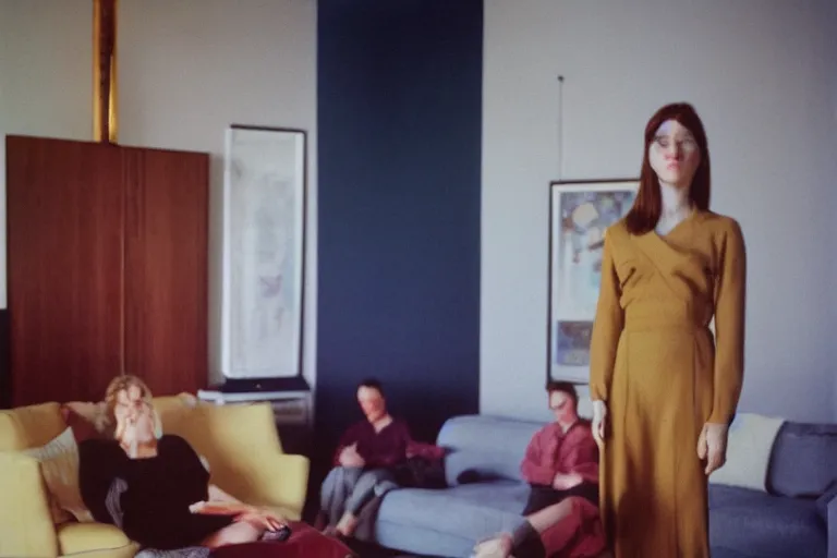 Image similar to photograph of strange presence radiating esoteric energy in modernist living room, crisp focus, backlit woman in foreground, highly detailed, in george hardie style, 3 5 mm ektachrome