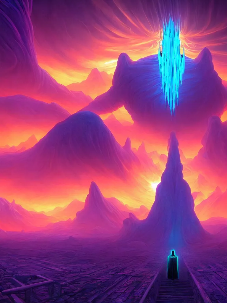 Image similar to entrance to ethereal realm, god waiting, rendered in unreal engine, central composition, symmetrical composition, dreamy colorful cyberpunk colors, 6 point perspective, fantasy landscape with anthropomorphic!!! terrain!!! in the styles of igor morski, jim warren, and rob gonsalves, intricate, hyperrealistic, volumetric lighting, neon ambiance, distinct horizon