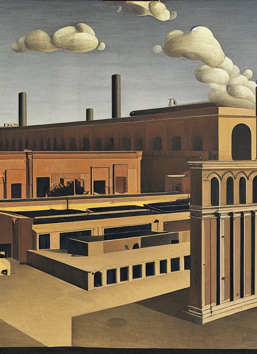 Image similar to an axonometric painting by giorgio de chirico of an elongated industrial warehouse designed by elia zenghelis