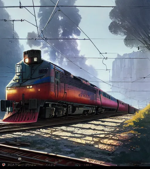 Image similar to highly detailed train in gta v, stephen bliss, unreal engine, fantasy art by greg rutkowski, loish, rhads, ferdinand knab, makoto shinkai and lois van baarle, ilya kuvshinov, rossdraws, tom bagshaw, global illumination, radiant light, detailed and intricate environment