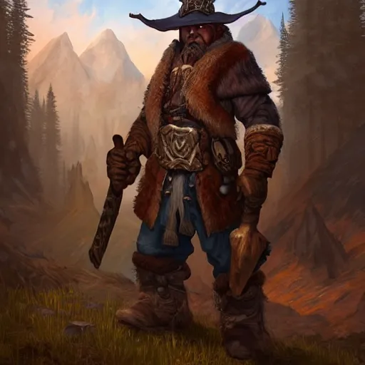 Image similar to a frontiersman in a moose hat, World of Warcraft, cover art, ultra wide lens shot, pretty, beautiful, DnD character art portrait, matte fantasy painting, DeviantArt Artstation, by Jason Felix by Steve Argyle by Tyler Jacobson by Peter Mohrbacher, cinematic lighting, unreal engine, octane render, realistic lighting