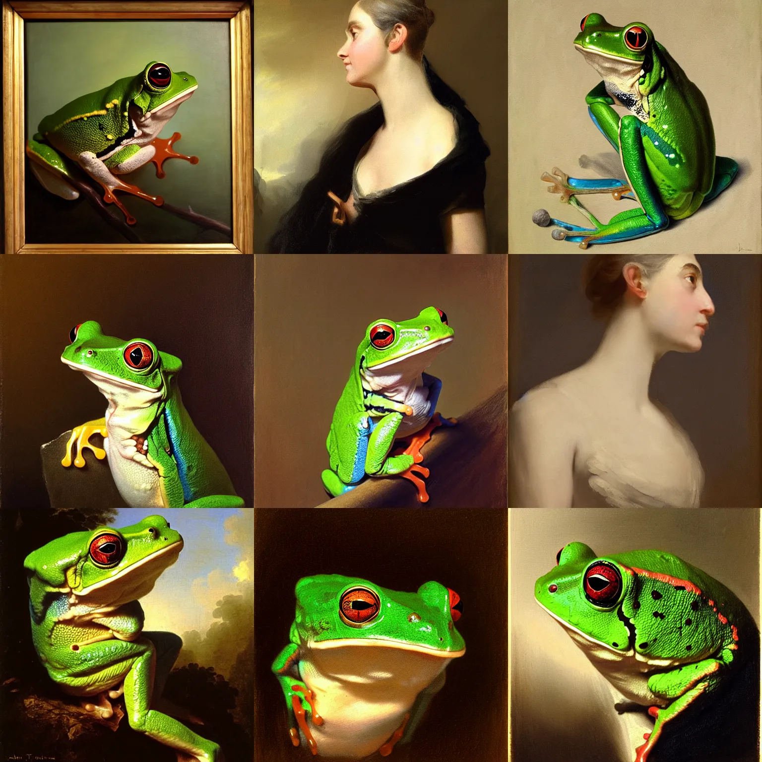 Prompt: a side profile portrait painting of an amazon tree frog wearing a black waistcoat, an american romanticism painting by john trumbull, a portrait painting, cgsociety, soft focus