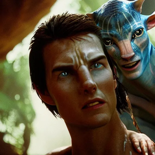 Image similar to photo of Tom Cruise in the movie Avatar, cinestill, 800t, 35mm, full-HD