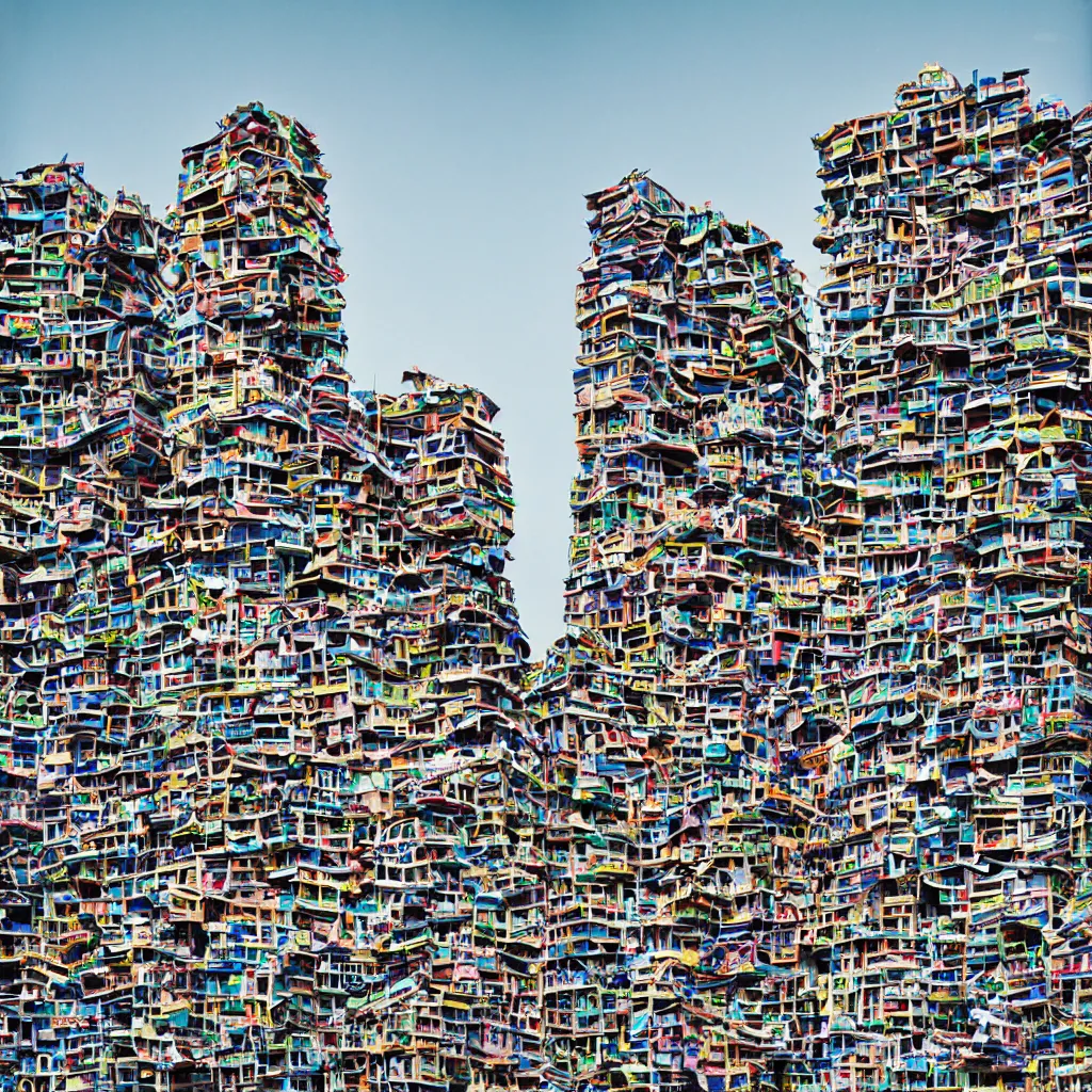 Prompt: intertwined high towers with colourful stacked makeshift squatters, uniform plain sky, mamiya, very sharp, very detailed, photographed by cristina de middel