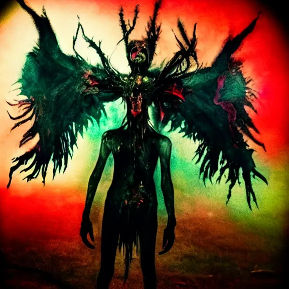 Image similar to a dark artistic photo of an alien creature with crazy wings, big budget horror, a polaroid photo, bleeding decaying colors!