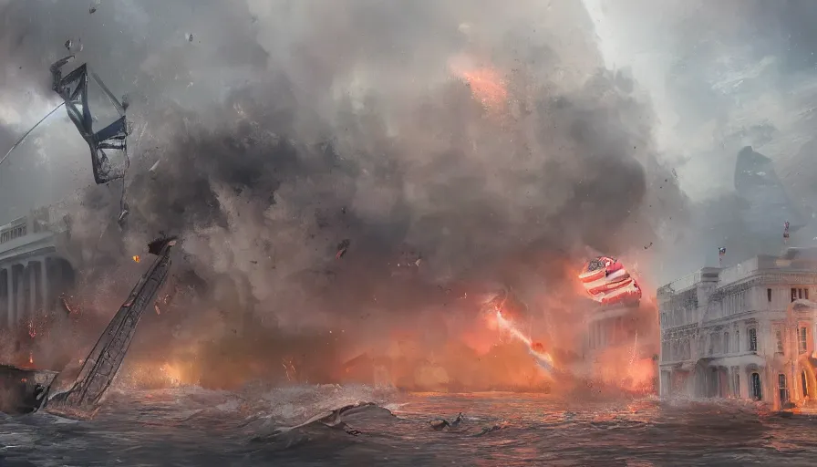 Image similar to washington dc underwater, lifeboat, rescue, damaged collapsed buildings, white house on fire, storm, fire and ashes, hyperdetailed, artstation, cgsociety, 8 k