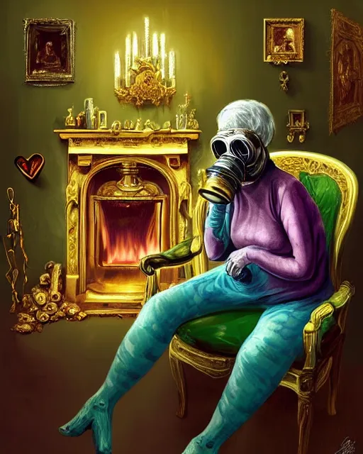 Prompt: Two old people, fleshy bones, wearing gas masks draped in silky gold, green and pink, connected to heart machines, inside a grand, ornate hospital room, they sit next to a fireplace with swirling blue flames, the world is on fire, lost in despair, transhumanist speculative evolution, in the style of Adrian Ghenie, !!!Esao Andrews!!! , Jenny Saville, (((Edward Hopper))), surrealism, dark art, by David Cronenberg, Mariko Mori