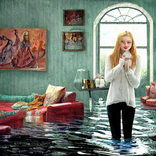 Image similar to painting of Elle Fanning in a flooded house interior, Kitsch style