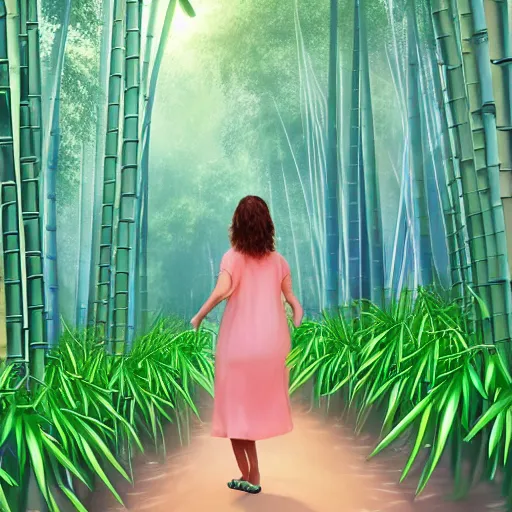 Image similar to A giantess with a beautiful face,green eyes,cute nose and pink lips, wearing a sundress and sandals, walking in a bamboo forest ,detailed body and eyes,proper anatomy, bamboo forest in the background, beautiful lighting,,digital art , highly detailed , high contrast, beautiful lighting, award winning , trending on art station, 8k, photo realistic,unreal engine 5