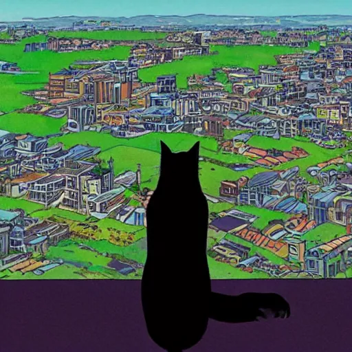 Image similar to a black cat fursona looking out over a city, Miyazaki, studio ghibli