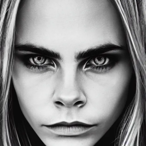 Prompt: minimalistic black and white portrait of cara delevigne, ink on canvas, trending on artstation, eyes, eyebrows, nose, lips, detailed, art