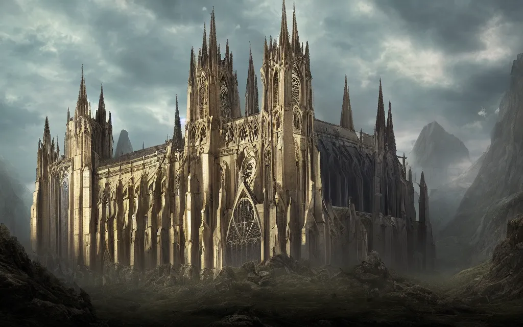 Image similar to the enormous gothic cathedral was built out of the mountainside, 8k resolution matte fantasy painting, cinematic lighting
