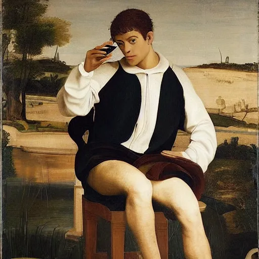 Prompt: a fully dressed thoughtful intelligent young man sitting on a fully visible white ceramic toilet attentively staring at his smartphone, distant thoughtful look, renaissance painting