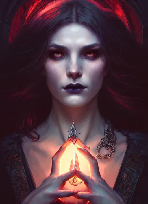 Image similar to Necromancer Sorceress goddess of death, fantasy sorceress magic, undercut hairstyle, dark light night, intricate, elegant, sharp focus, illustration, highly detailed, digital painting, concept art, matte, art by WLOP and Artgerm and Greg Rutkowski and Alphonse Mucha, masterpiece