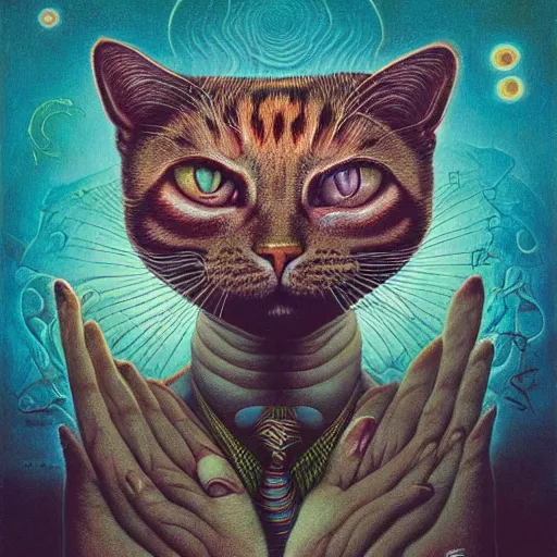 Image similar to a cat having an ego trip under lsd, by alex grey, by Esao Andrews and Karol Bak and Zdzislaw Beksinski and Zdzisław Beksiński, trending on ArtStation