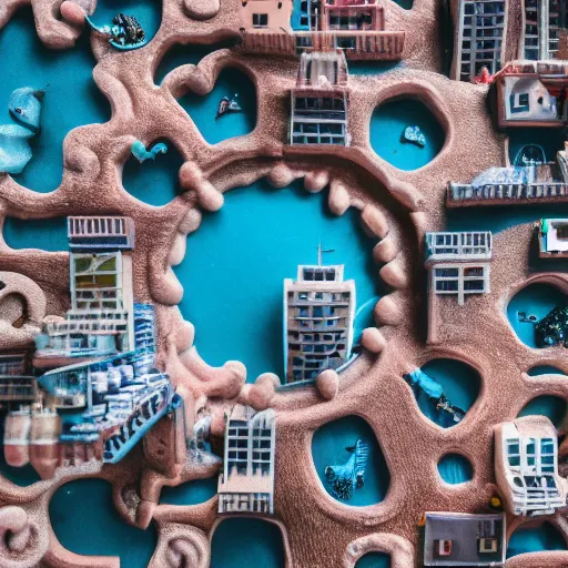 Image similar to macro photo of a miniature secret hidden world with tiny buildings and people inside of a pie floater