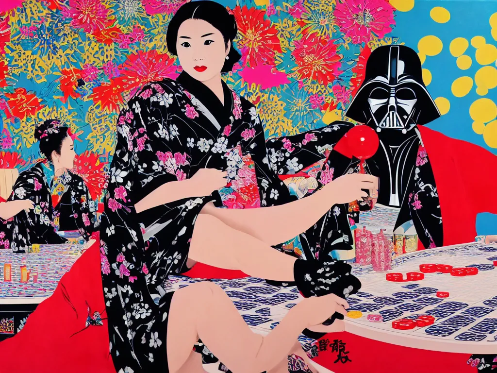 Image similar to hyperrealistim composition of the detailed single woman in a japanese kimono sitting at a extremely detailed poker table with darth vader, fireworks, river on the background, pop - art style, jacky tsai style, andy warhol style, acrylic on canvas