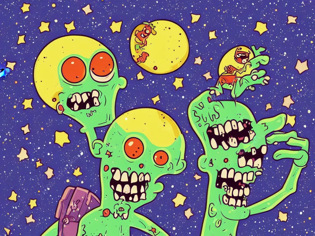 Image similar to happy zombie floating in space, cartoon illustration, detailed