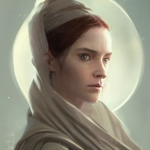 Image similar to portrait of a woman by greg rutkowski, jedi princess knight, straight redhead with two strands around her face, jedi robes, star wars expanded universe, she is about 2 0 years old, elegant, graceful, wearing jedi robes, highly detailed portrait, digital painting, artstation, concept art, smooth, sharp foccus ilustration, artstation hq