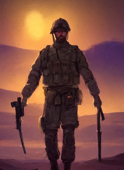 Image similar to purple scene lighting, detailed character portrait!!! concept art, ryan gosling as a soldier with beard, short hair, in a soldier uniform, desert with city in the background, sharp focus, illustration, highly detailed, digital painting, concept art, matte, art by wlop and artgerm and greg rutkowski, masterpiece