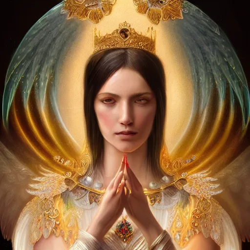 Image similar to A beautiful digital painting of a female Seraphim full of jewels, princess, the moon behind her, intricate, cinematic lighting, highly detailed, digital painting, Artstation, concept art, smooth, sharp focus, illustration, art by Tom Bagshaw, Artgerm and Greg Rutkowski