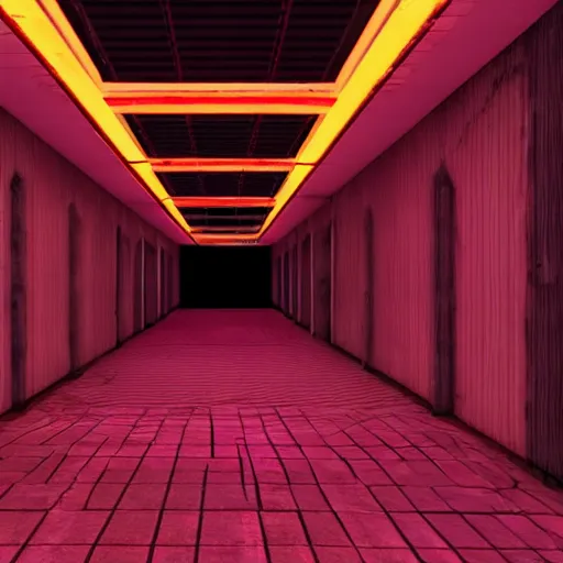 Prompt: abandoned movie theatre hallway, high contrast neon lighting, playstation 1 game, low poly graphics