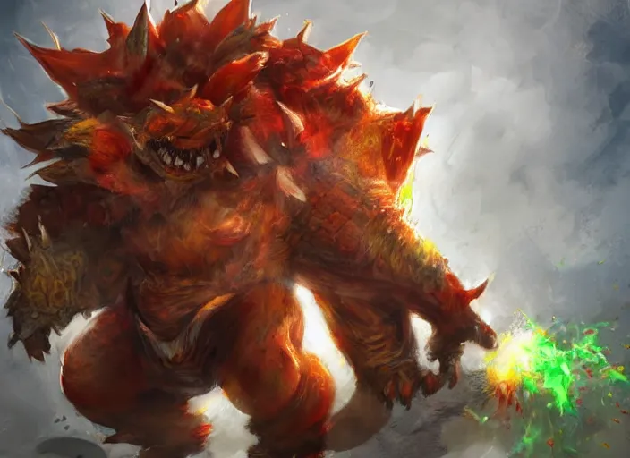 Image similar to detailed concept art of a huge giant bowser by cheng yi and luolin, aartstation, artstationhd, detailed scales, spiky and red hair tuft green scales. bowser, bowser nintendo, koopa, ~ bowser # bowser ( ( mario ) ) bcy. net, realistic. cheng yi, fire breathing. bowser