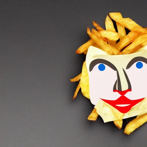 Prompt: photo of [ a french fry chip ] shaped like stephen fry as a hybrid intercross mix