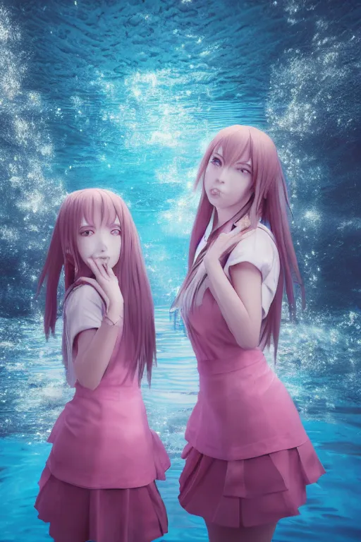 Image similar to 3d realistic dramatic infrared photo of two anime schoolgirls with a realistic face falling down from huge japanese bridge under water. Close-up portrait. There are pink palm trees and translucent glow jellyfish flying around. Volumetric composition. Pastel colors in the style of Hiro Kiyohara, redshift, octane, trend artstation, cinematic, hyper realism, high detail, 8k