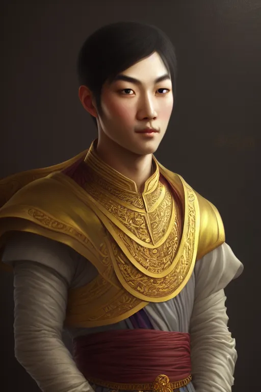 Image similar to a portrait of a asian male prince, illustration, soft lighting, soft details, dark mood, painting oil on canvas by Edmund Blair Leighton and Charlie Bowater octane render trending on artstation d&d characters, 4k, 8k, HD