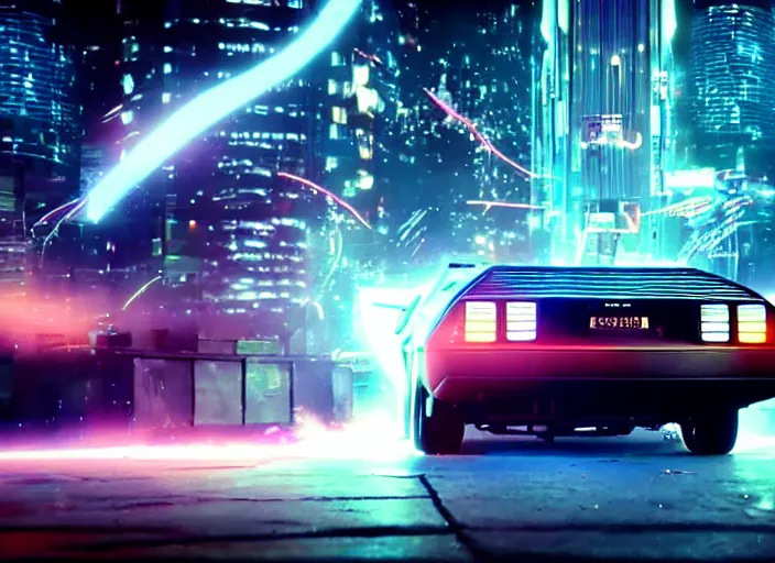 Image similar to a cyberpunk delorean breaking the space - time continuum, energy and time particles, dramatic framing, movie footage, 8 k