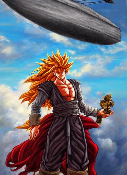 Image similar to epic fantasy portrait painting of a long haired, red headed male sky - pirate in front of an airship in the style of the dragonball