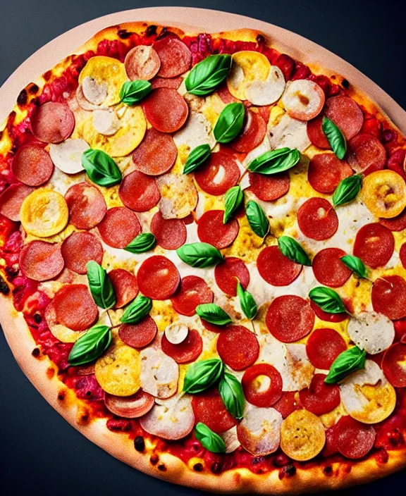 Prompt: big pizza with ingredientes forming a mandala, hyper realistic, food photography, advertising photography, tasty.