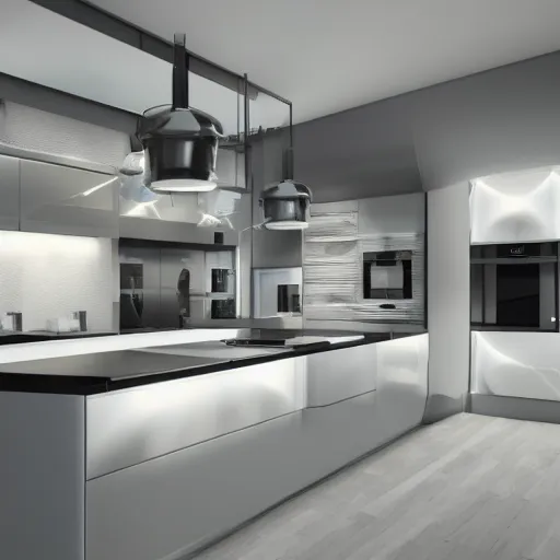 Prompt: futuristic kitchen, cosy lighting, ultra realistic details 8k