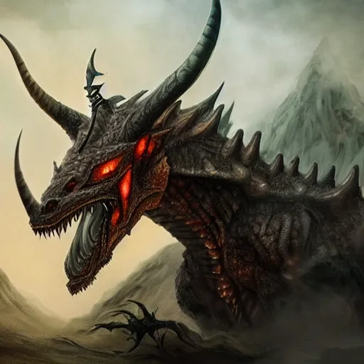 Prompt: a matte painting of a dragon, Piercing amber eyes sit low within the creature's narrow, horned skull, which gives the creature a vicious looking appearance. One enormous central horn sit atop its head, just above its enormous, curved ears. Small fan-like skin and bone structures runs down the sides of each of its jaw lines. Its nose is pointy and has two short, curved nostrils and there are small crystal growths on its chin. Several rows of large teeth poke out from the side of its mouth and give a preview of the terror hiding inside.