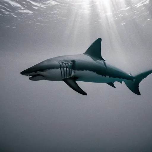 Image similar to A great white shark is swimming towards the viewer out of the dark water, underwater, underwater photography, night, hyperrealism, wildlife photo, trail cam, ultra high detail