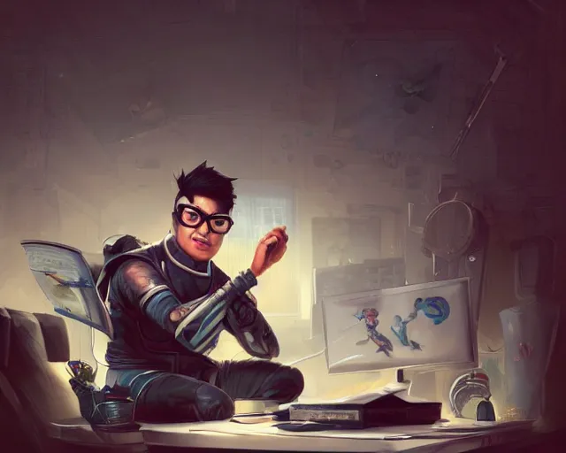 Image similar to an insanely detailed painting of a nerdy asian man wearing a superhero costume, sitting at a desk, staring at the nervously at the computer and typing, in the style of peter mohrbacher, dramatic lighting and composition, octane render, pixar, trending on artstation, concept art, comic book, view from behind