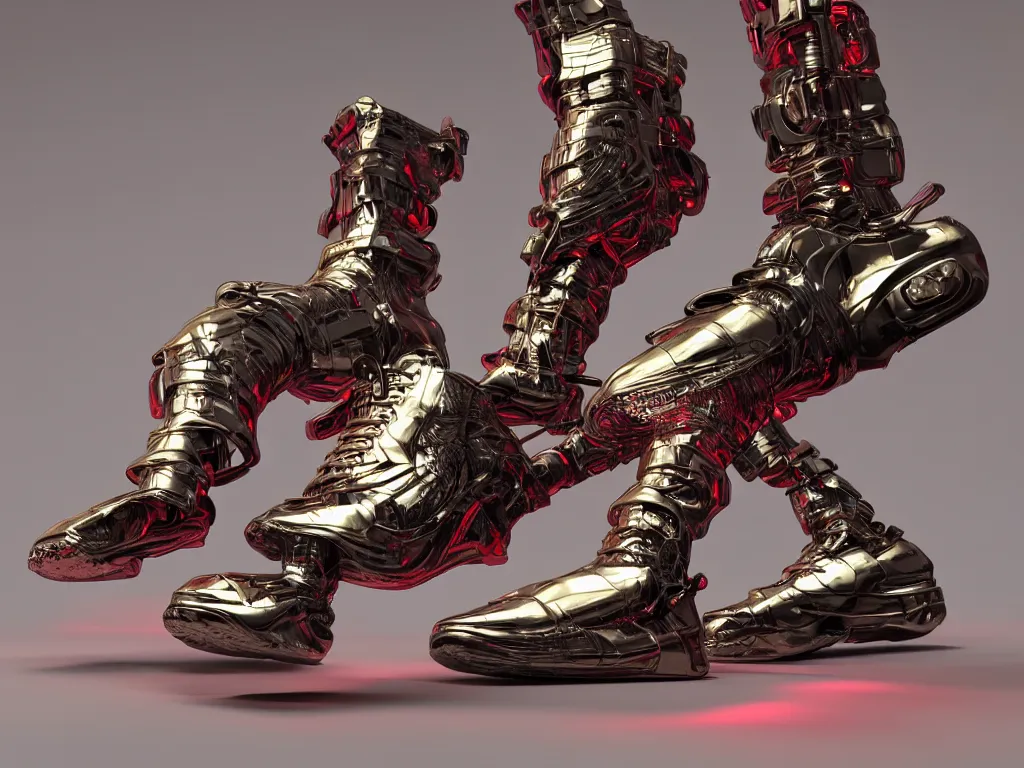 Image similar to realistic 3 d render of a sculpture of a cyberpunk android foot wearing sneakers, beautiful studio lighting, soft, sharp focus, neon cyberpunk highlights, intricate detail, gold and red accents, soft rubber, octane render, side view, trending on artstation, deviantart, art by syd mead and issey miyake