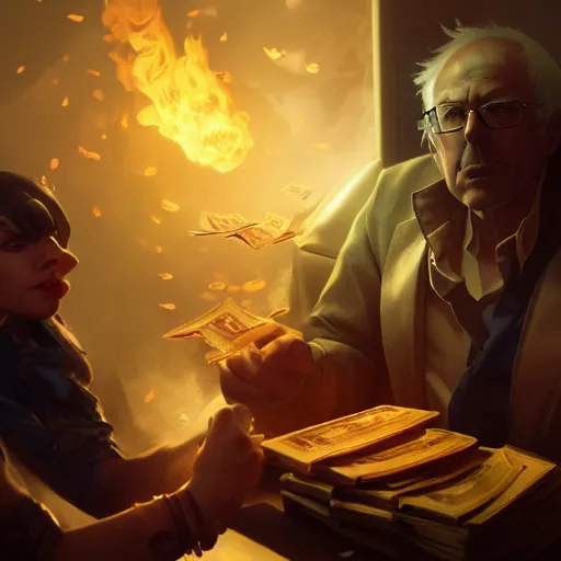 Image similar to portrait of bernie sanders burning money, league of legends amazing splashscreen artwork, splash art, natural light, elegant, photorealistic facial features, intricate, fantasy, detailed face, atmospheric lighting, anamorphic lens flare, cinematic lighting, league of legends splash art, hd wallpaper, ultra high details by greg rutkowski