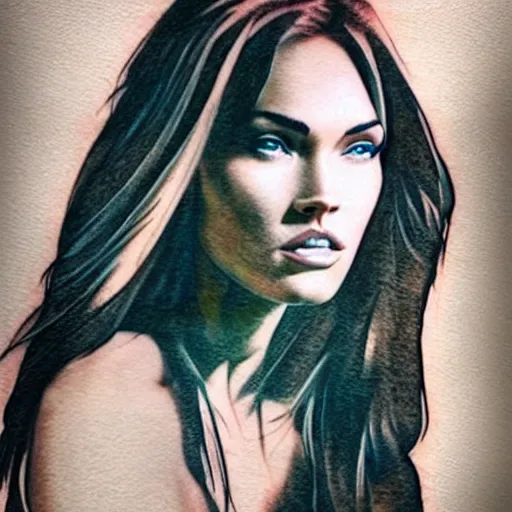 Image similar to hyper realism tattoo sketch of megan fox face professional double exposure art with beautiful mountain scenery, in the style of matteo pasqualin, amazing detail, sharp, faded