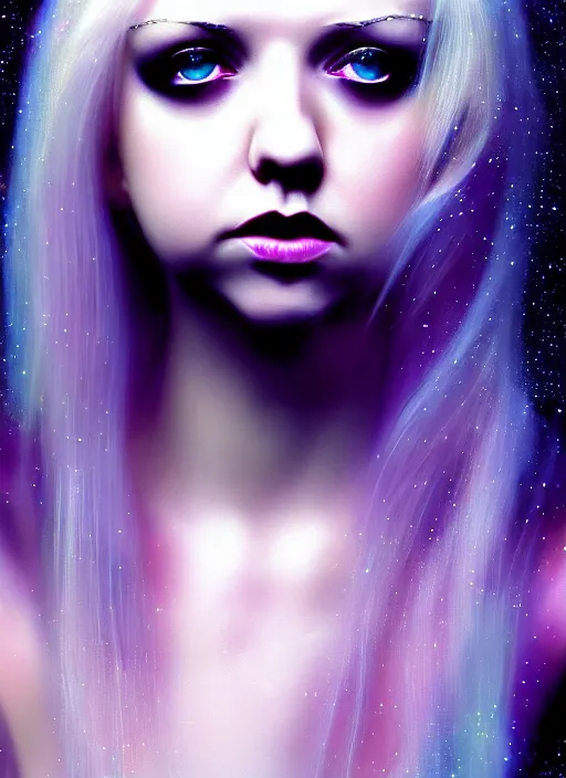 Image similar to elegant teen Taylor Momsen as empress of pulsar stars. ultra detailed painting at 16K resolution and amazingly epic visuals. epically beautiful image. amazing effect, image looks gorgeously crisp as far as it's visual fidelity goes, absolutely outstanding. vivid clarity. ultra. iridescent. mind-breaking. mega-beautiful pencil shadowing. beautiful face. Ultra High Definition. godly shading diffusion. amazingly crisp sharpness. photorealistic 3D rendering on film cel processed twice..