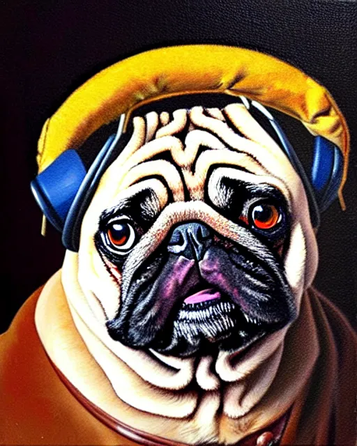 Prompt: oil painting portrait of a pug wearing earmuffs Rembrandt Style