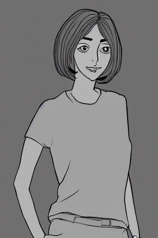 Image similar to portrait of a girl in long pants and a top, hands in pockets, eyes closed, bob haircut, digital art, black and white, manga style