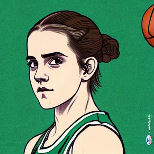 Image similar to portrait of teen emma watson in an nba boston celtics basketball uniform, ukiyo - e art by hokusai, global illumination, radiant light, detailed and intricate environment