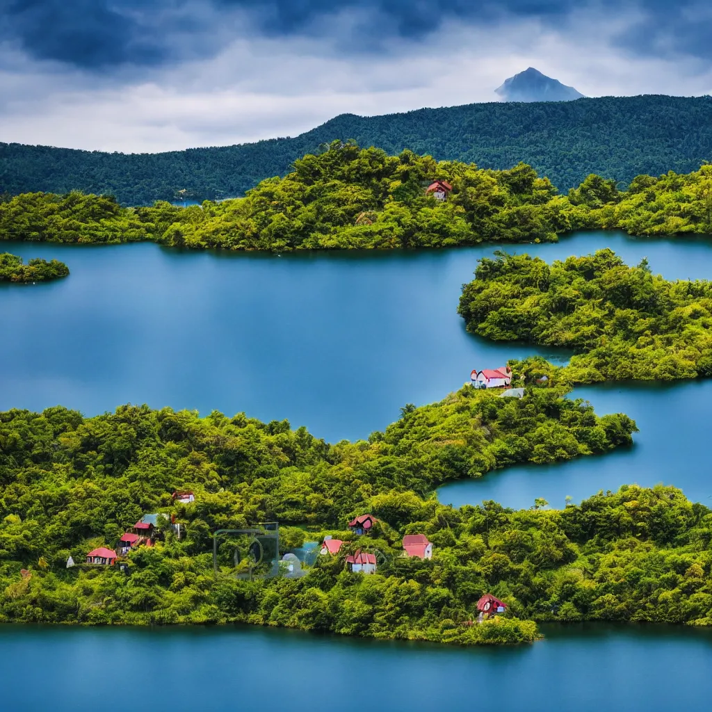 Image similar to artistic landscape, lake, island, small houses on the hill in the distance, very detailed, 4 k, professional photography